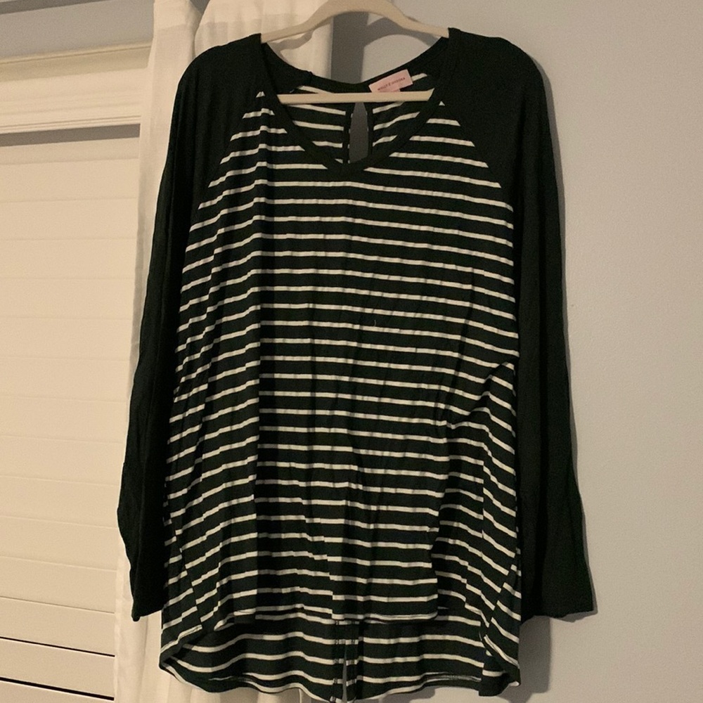 Molly & Isadora long sleeve, dark green with white stripes shirt. Size 3X